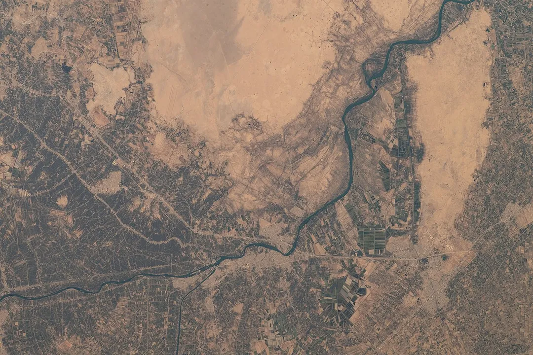 View of Earth taken during ISS Expedition 67. Euphrates River, agriculture, towns Iskandariyah, Al Musayyib