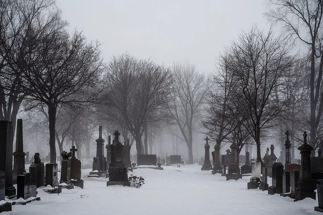 Snow-covered Saint-Charles Cemetery in Quebec City. Photographed at Parc linéaire de la rivière Saint-Charles.