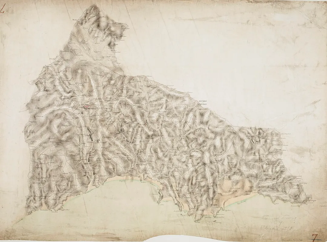 .This drawing is orientated toward the south-east. On its reverse, obscured by backing material, is a triangulation diagram used to plot locations accurately. Tin and copper mines are marked, and a key to the symbols used to distinguish them is given at the bottom of the drawing.
"Harmony Cot" is marked as the birthplace of the portrait painter, John Opie (1761-1807). The inclusion of such information seems at odds with the Survey's military emphasis, but it does reflect the interests and training of the draughtsmen, many of whom were professional artists. To the north of St Columb Major lies the ancient monument known as the Nine Maidens, symbolised by a drawing of stones. A dot, annotated "point", appears in the bottom left hand corner of the map. This is probably the coastal station at Trevose Head, a base for the measurement of angles of elevation..