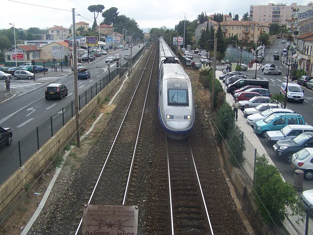 A TGV Duplex crossing the city of Saint-Laurent-du-Var, in the South-East of France.