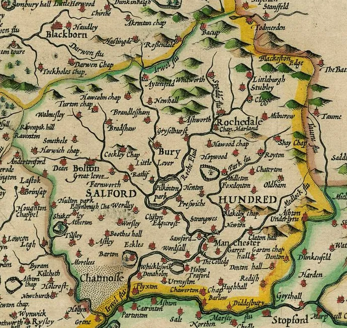 The Hundred of Salford: John Speed's map of Lancashire is one of the earliest and shows towns and villages but no highways.
