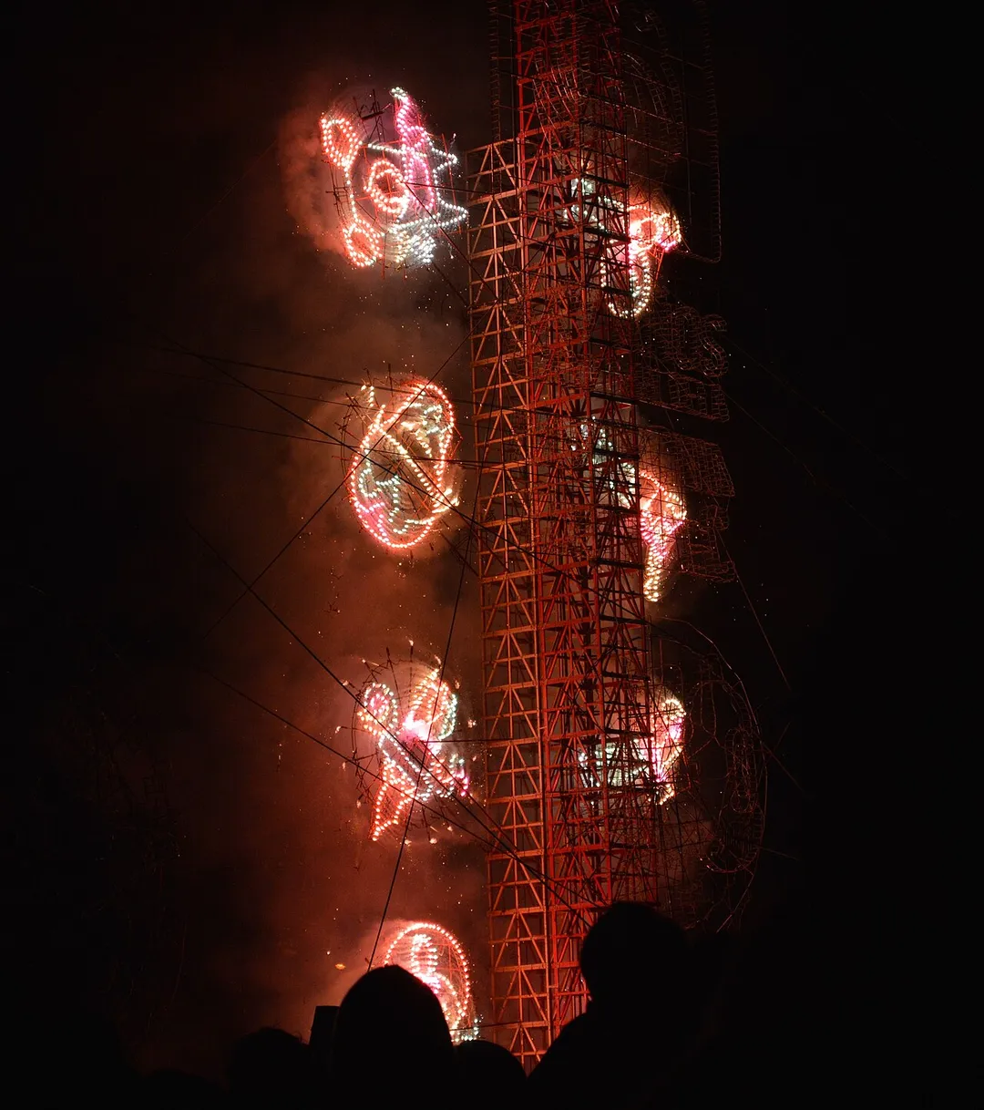 Sections of fireworks castles lit at the Feria Nacional de Pirotecnia in Tultepec, State of Mexico, Mexico