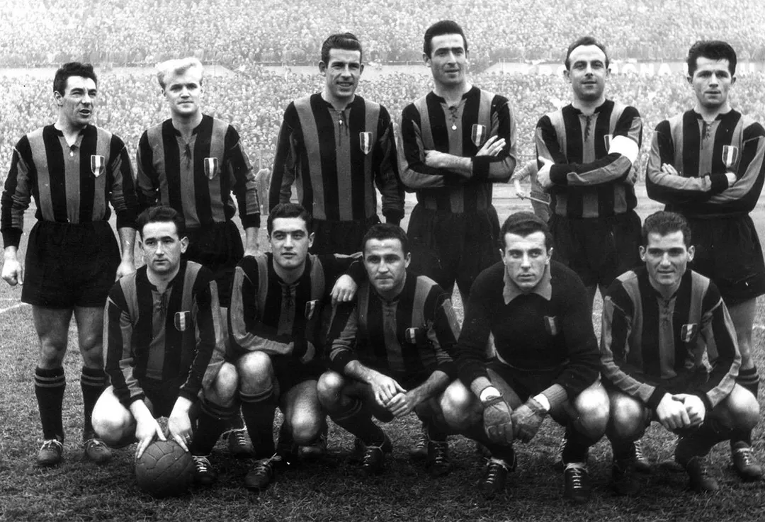 A line-up of Inter Milan in the 1953–54 season. From left to right, standing: Benito Lorenzi, Lennart "Nacka" Skoglund, Fulvio Nesti, Bruno Mazza, Attilio Giovannini (captain), István Nyers; crouched: Bruno Padulazzi, Gino Armano, Maino Neri, Giorgio Ghezzi , Giovanni Giacomazzi.