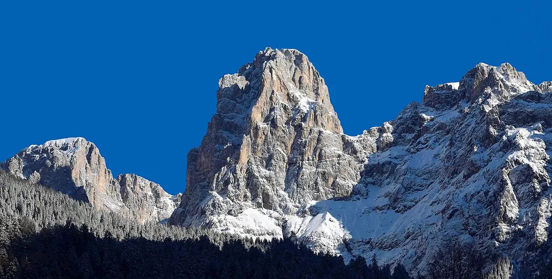 South aspect of Cima Canali in winter. Dolomites of Italy.