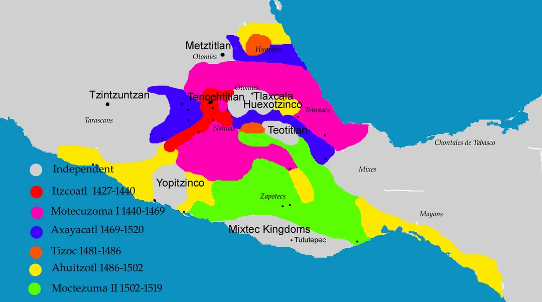 Map showing the expansions undertaken by various Aztec rulers.