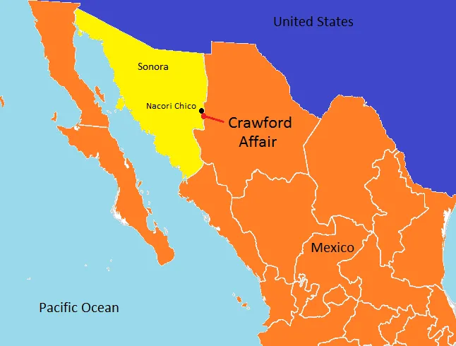 Map showing the location of the Crawford Affair in 1886 during the Geronimo Campaign.