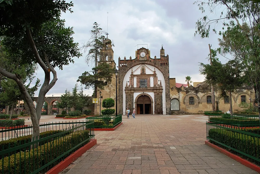 Facade and atrium of the Parish of San Pedro Church in the community of San Pedro Atocpan in the borough of Milpa Alta in the Federal District of Mexico (Mexico City)