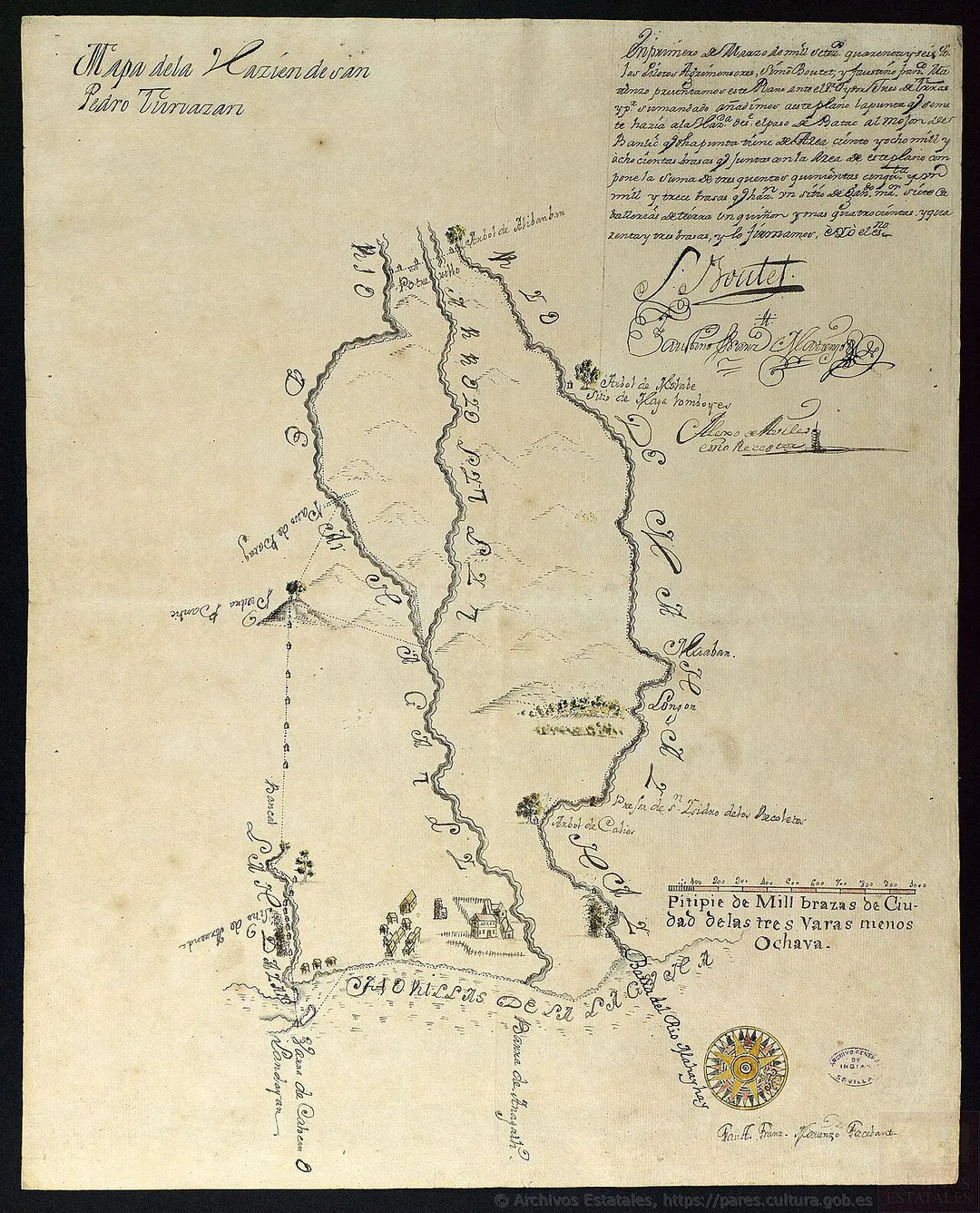 The map represents the Hacienda San Pedro Tunasan, Provincia de La Laguna, Filipinas, ca. 1745