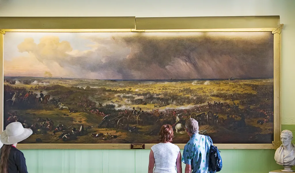 The Wellington Room Royal Military Academy Sandhurst England named after Arthur Wellesley First Duke of Wellington &amp; here showing a depiction of Waterloo and his bust