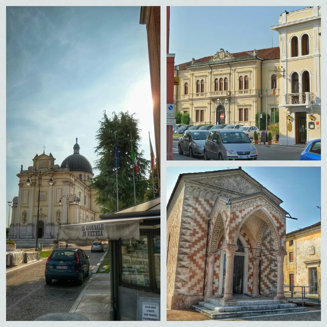 Collage di piazza Santi Filippo e Giacomo, municipio e tempietto di Sandrigo