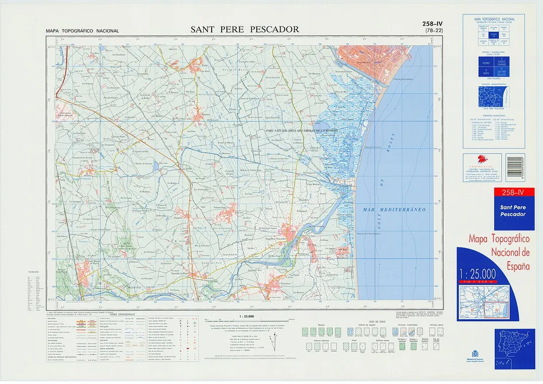 Fragment 0258c4 of the National Topographic Map of Spain in 2002 at a scale of 1:25000 printed and scanned with a resolution of 250 ppi. It shows Sant Pere Pescador.