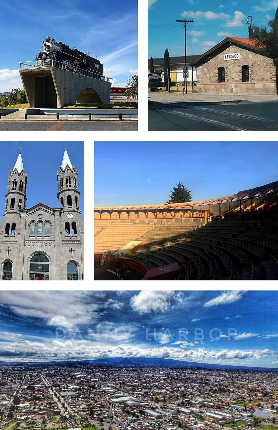 Montaje creado a partir de cinco imágenes en Wikimedia Commons:
File:Apizaco.jpg
File:La maquinita .png
File:Museo Casa de Piedra.jpg
File:Plaza de toros el pana.png
File:BasilicaApizaco03.JPG