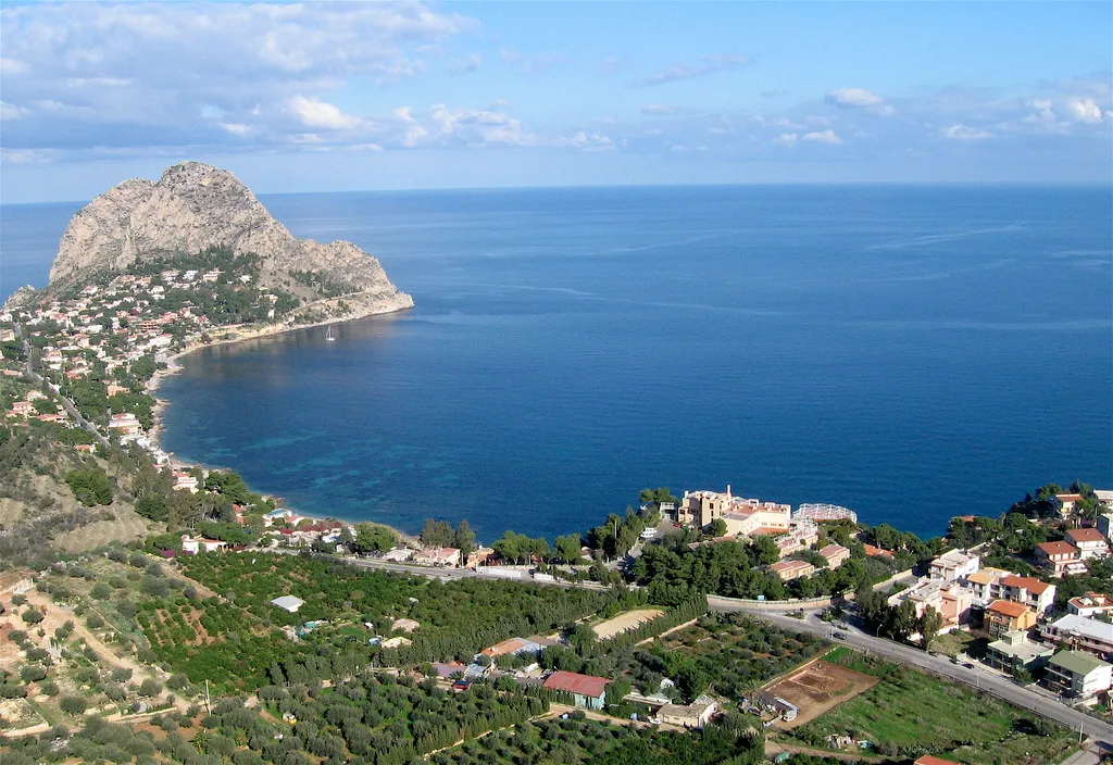 View of the coastline and Capo Zafferano at Solunto, Sicily, Italy.Solunto