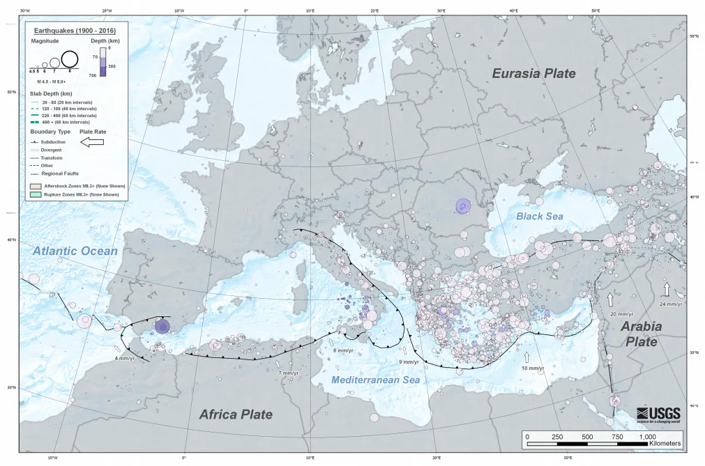Earthquakes M5.5+ (1900-2016) mediterranean
Circle sizes indicate Magnitude, and colors indicate their depth.