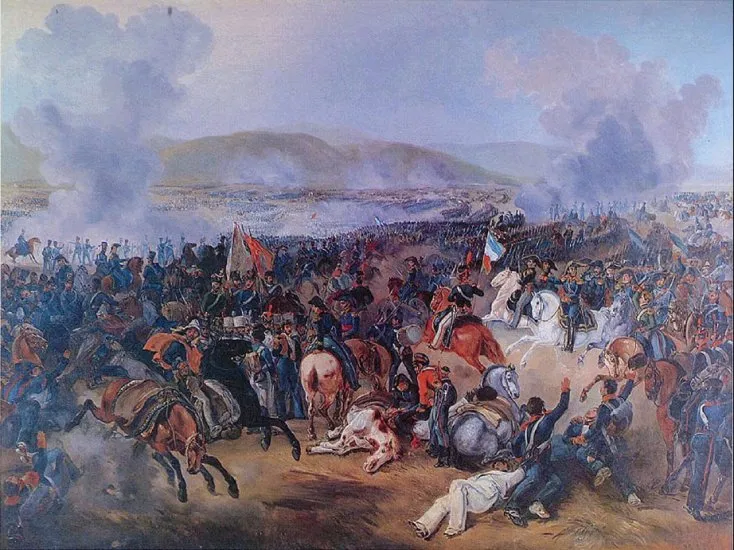 en:Battle of Maipú, painted in en:1837 by Juan Mauricio Rugendas (died 1858). The painting is today in the Moneda building in Santiago de Chile ([1])