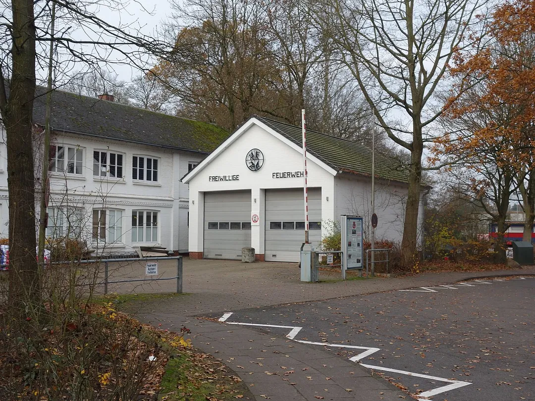 South-eastern view of the station of the volunteer firefighters in Sasel, Hamburg municipality, Hamburg state, Germany.