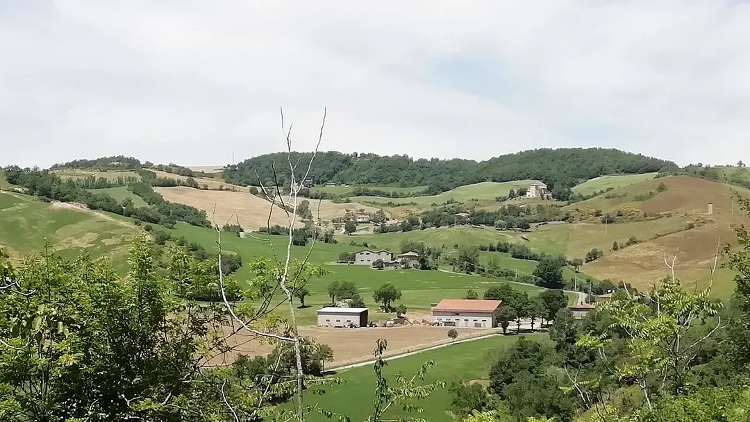 Via Vignola dei Conti, Savigno, Valsamoggia; si distingue un vecchio edificio, forse una casa torre, avente coordinate 44.355750, 11.122472