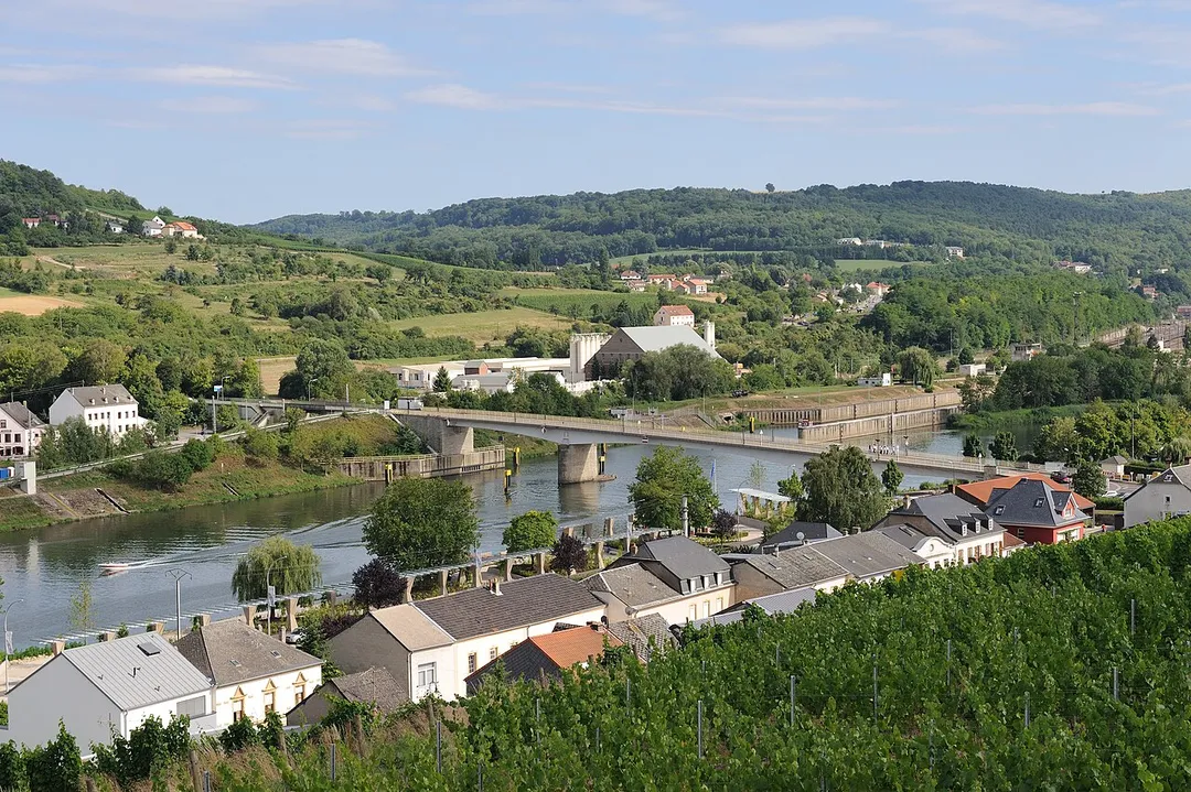 Moselle valley at the tripoint Luxembourg (foreground) - Germany (left background) - France (right background), as seen from Markusberg at Schengen.