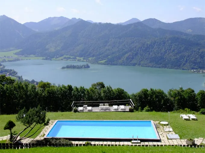 Lake Schliersee viewed from above over the open air swimming pool.
