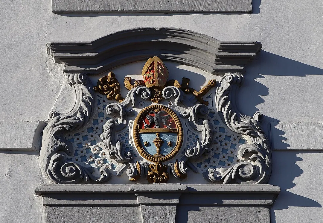 Coat of arms of Abbot Willibrord Scheffer, Saint Maximin's Abbey, Trier, in office 1738-1762,at Hisgenhaus (c. 1750) in Schweich, Landkreis Trier-Saarburg, Germany.