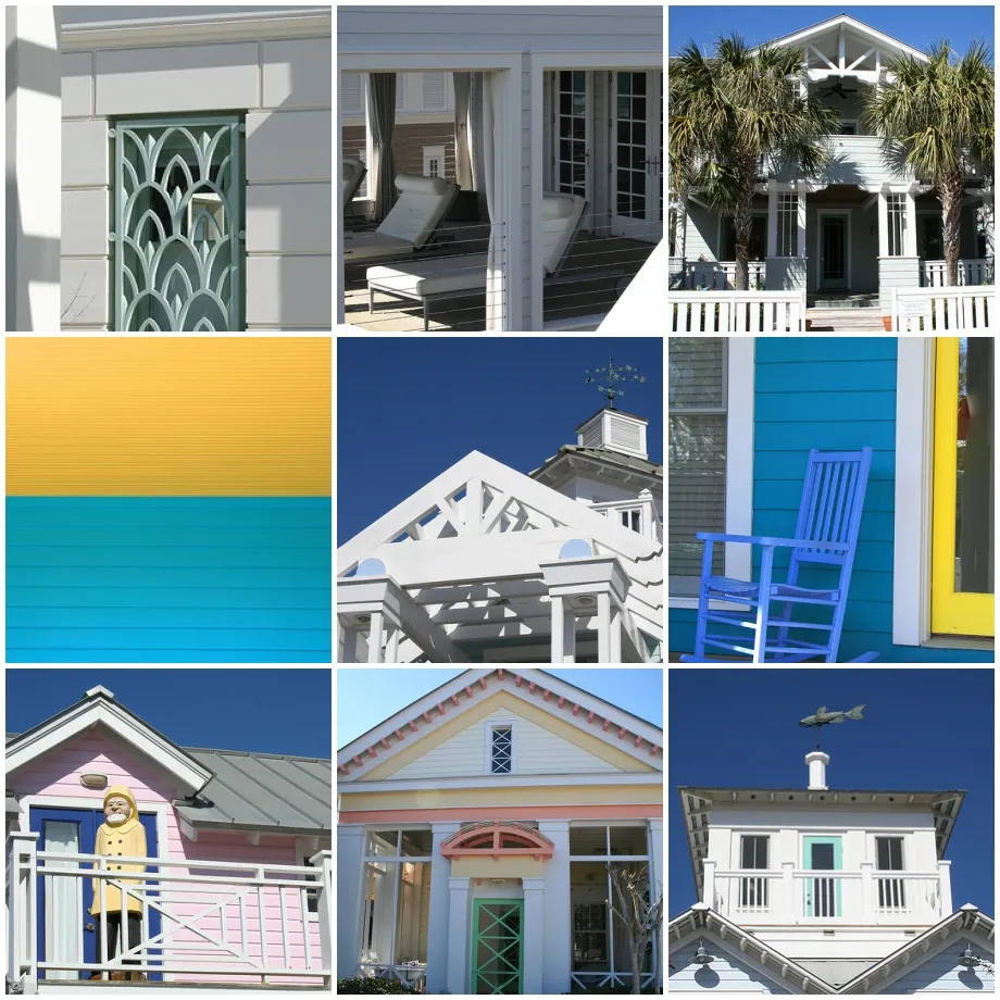 Composition of pictures showing architectural features from Seaside, Florida