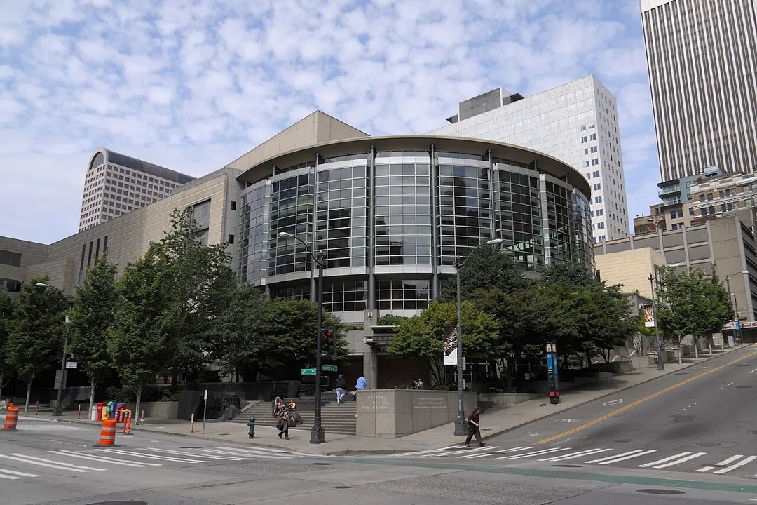 View of Benaroya Hall, from 2nd Ave and University St. The Garden of Remembrance is in the foreground.