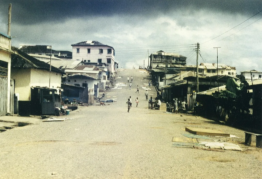A street in the town of Sekondi-Takoradi, population 335,000, the capital of the Western Region of Ghana. It is Ghana's third largest city and an industrial and commercial center.