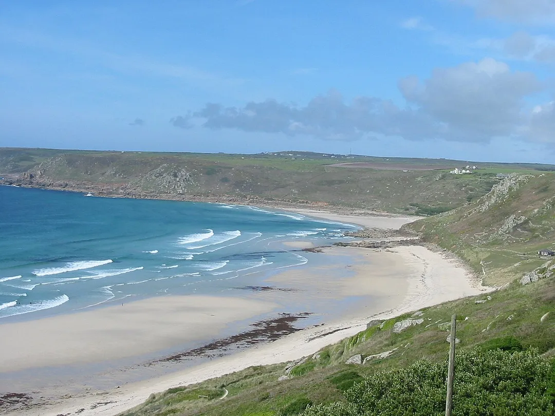 The photographer (Tom Corser) is credited. Sennen Bay. Photo taken by Tom Corser 2004.