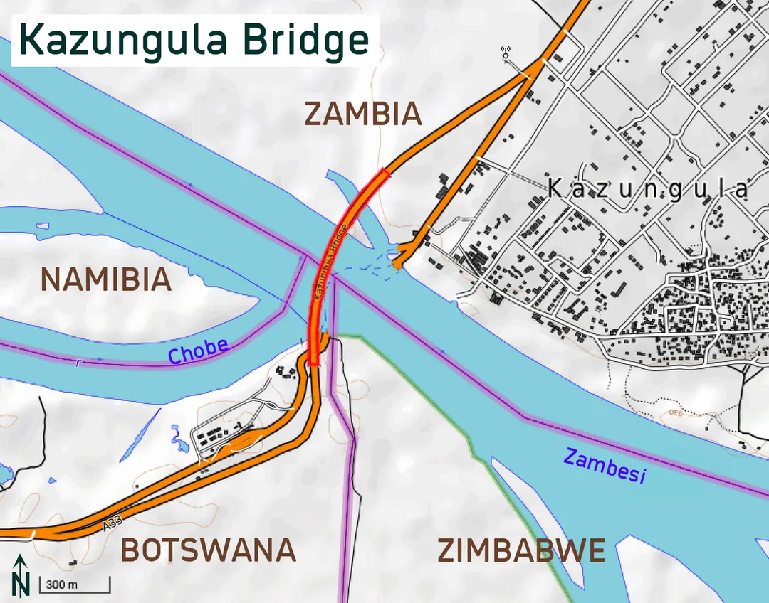 Kazungula Bridge (completed in 2020) in Botswana/ZambiaThis map of Kazungula was created from OpenStreetMap project data, collected by the community. This map may be incomplete, and may contain errors. Don't rely solely on it for navigation.