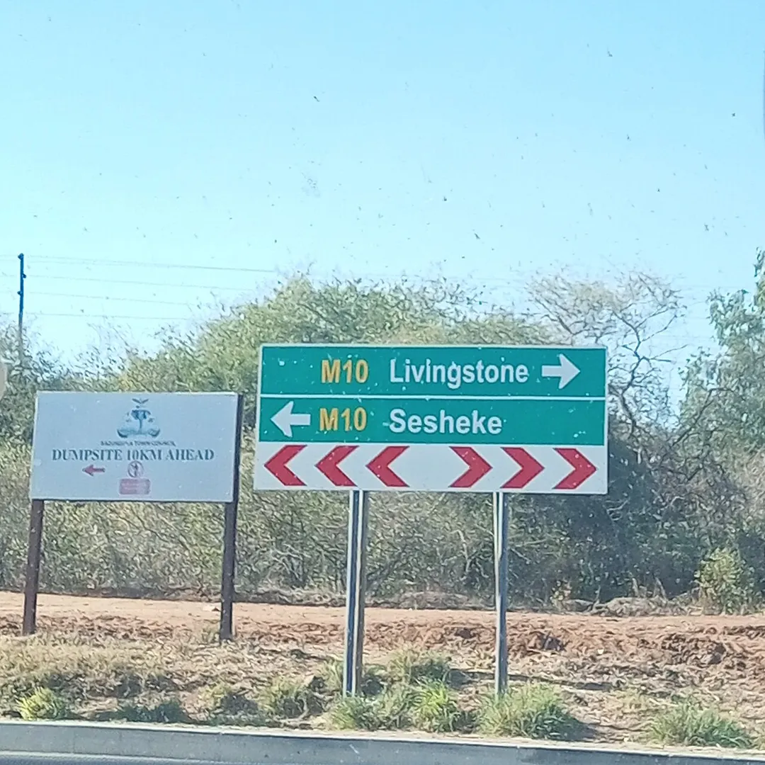 A road sign at the junction of the M10 and M19 in Kazungula.