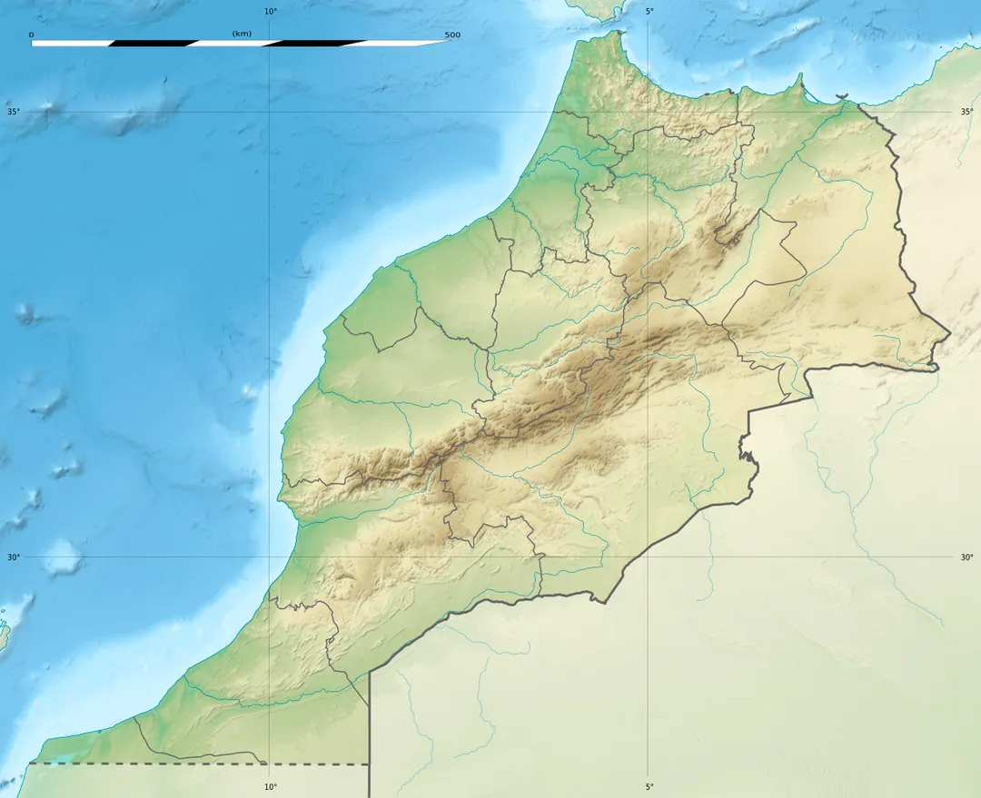 Blank physical map of Morocco, for geo-location purposes.