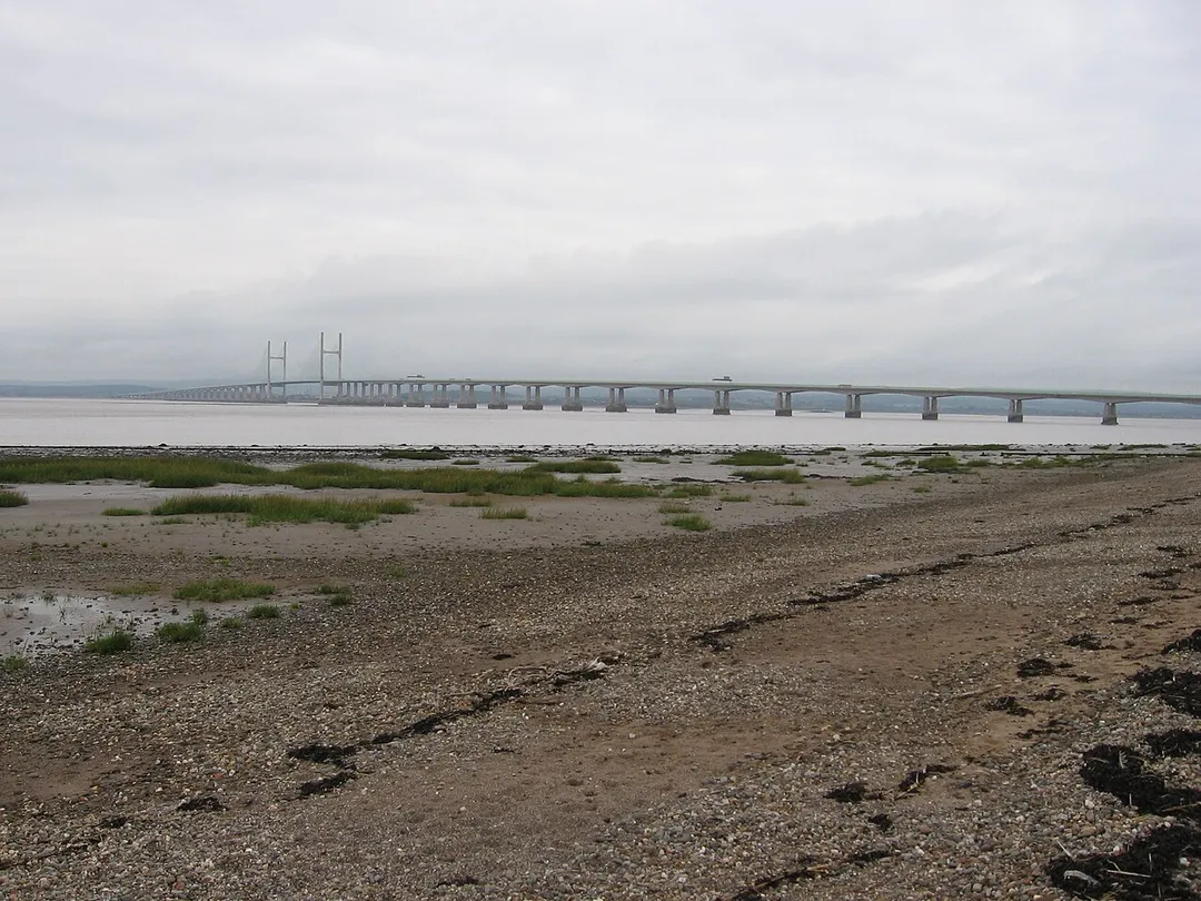The foreshore at Severn Beach, South Gloucestershire, UK, with the Second Severn Crossing in the background.