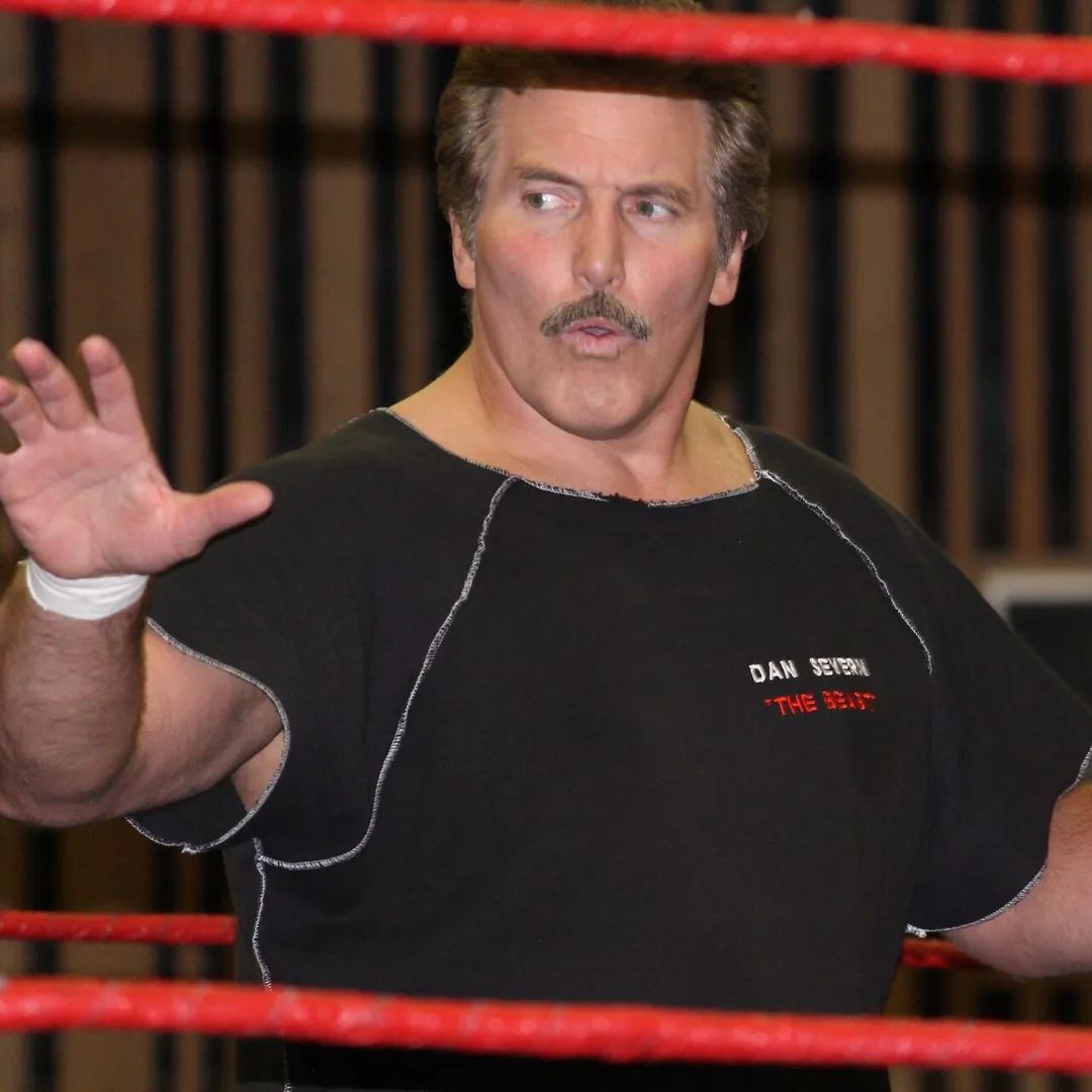 Dan Severn speaking in the ring at a Thrash Wrestling event in Vernon, British Columbia, Canada.