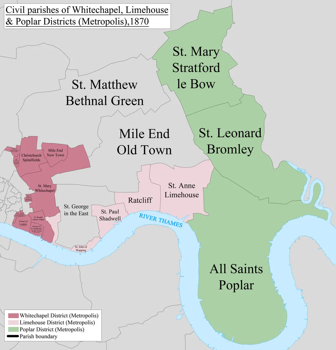 A map showing the civil parishes of the Metropolis districts of the Stepney Parish (parish of Bethnal Green also included) as they appeared in 1870. Based on the Ordnance Survey Town Plan of London (1871-76) at 1:1056 scale.