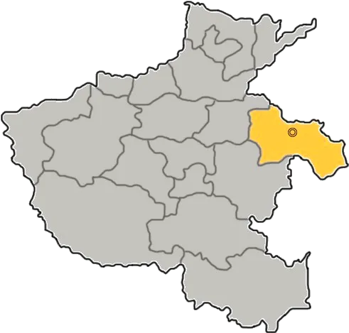 The prefecture-level city of Shangqiu is highlighted on this map of Henan province, People's Republic of China.