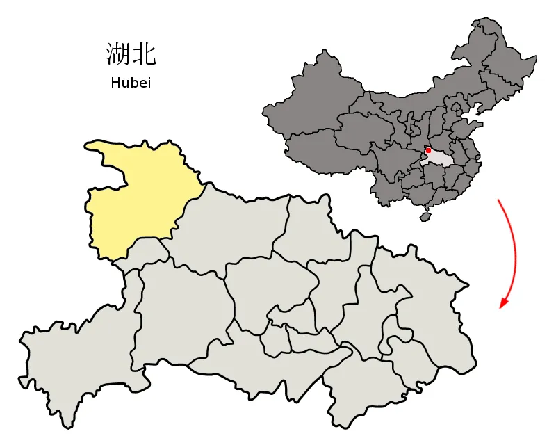 Location of Shiyan Prefecture (yellow) within Hubei Province of China
Map drawn in december 2007 using various sources, mainly :

Hubei Province administrative regions GIS data: 1:1M, County level, 1990
Hubei Counties map from www.hua2.com