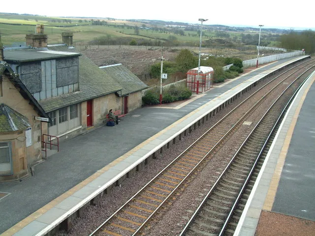 Shotts railway station. Trains for Glasgow leave from the left hand platform, and for Edinburgh from the right.