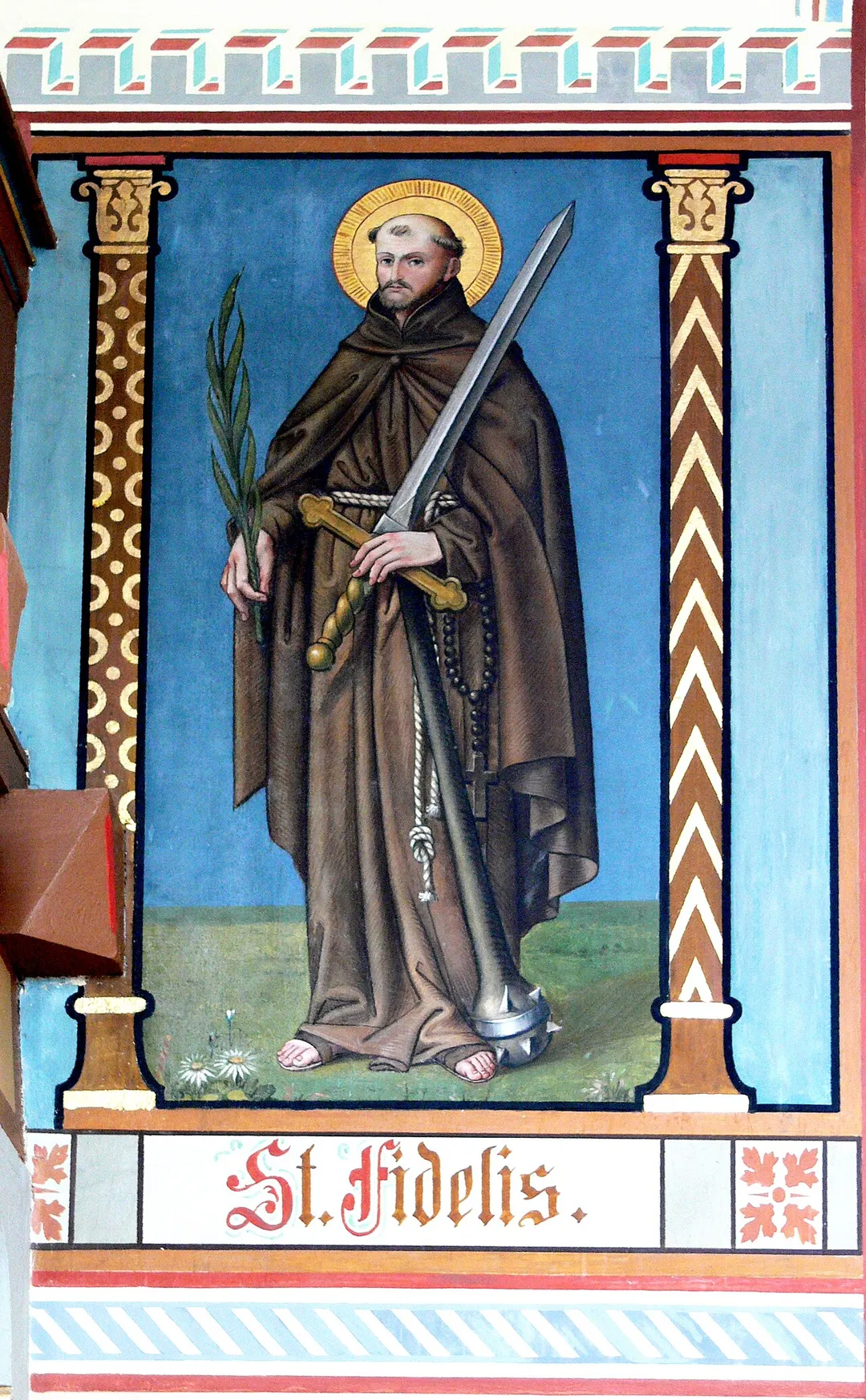Filialkirche St. Venantius, Pfärrenbach, Gemeinde Horgenzell

Wandmalerei im Kirchenschiff: Hl. Fidelis von Sigmaringen