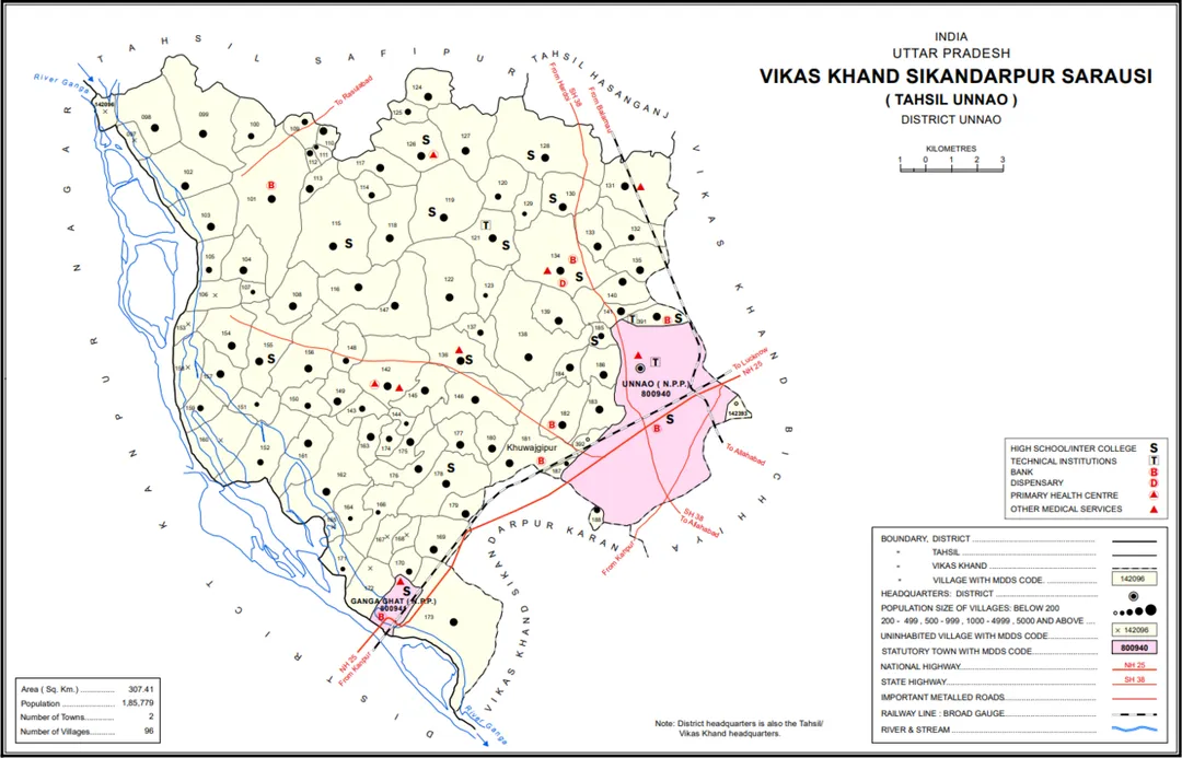Map of Sikandarpur Sarausi block, originally from the 2011 Census district handbook for Uttar Pradesh.