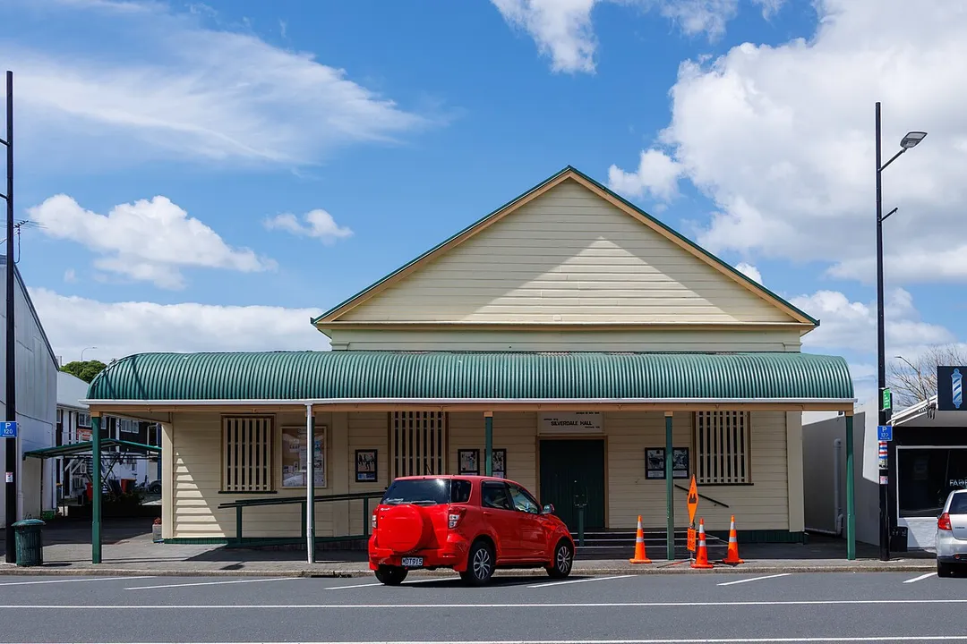 A frontal view of Silverdale Hall in Silverdale, New Zealand.
