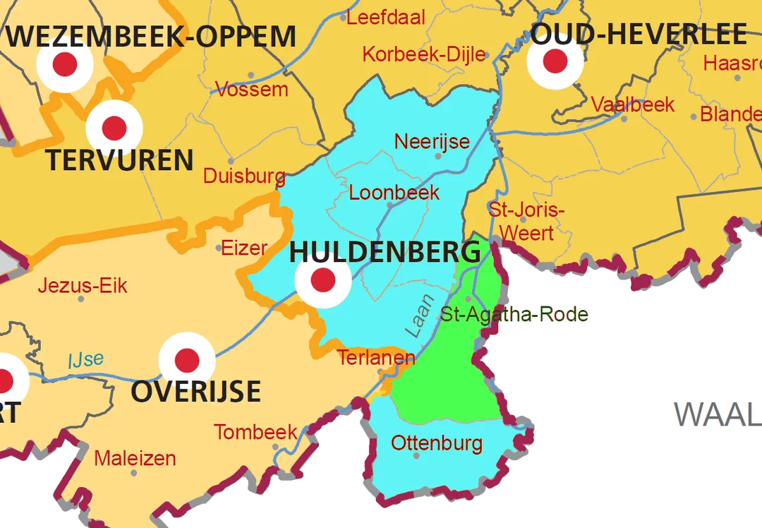 Situering van deelgemeente Sint-Agatha-Rode (groen) in fusiegemeente Huldenberg (blauw) en omliggende gemeenten (oranje tinten).