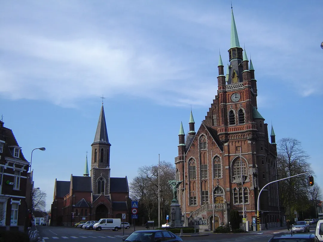 Center of Sint-Amandsberg, with former town hall and church of Saint Amand. Sint-Amandsberg, Gent, East Flanders, Belgium