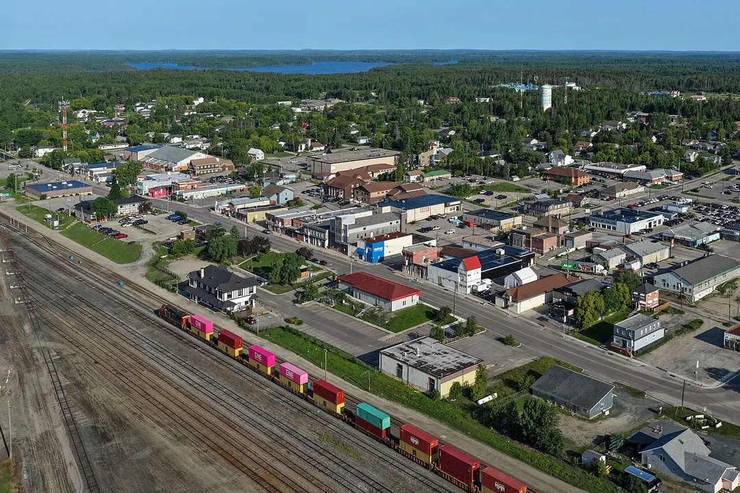 Aerial view of Sioux Lookout, Ontario, a municipality of 5,839 residents known as the “Hub of the North” for its role as a transportation and service centre for remote First Nations communities.