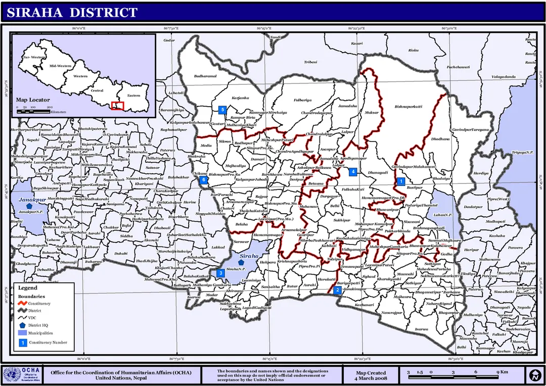 Map displaying Village Development Committees in Siraha District, Nepal