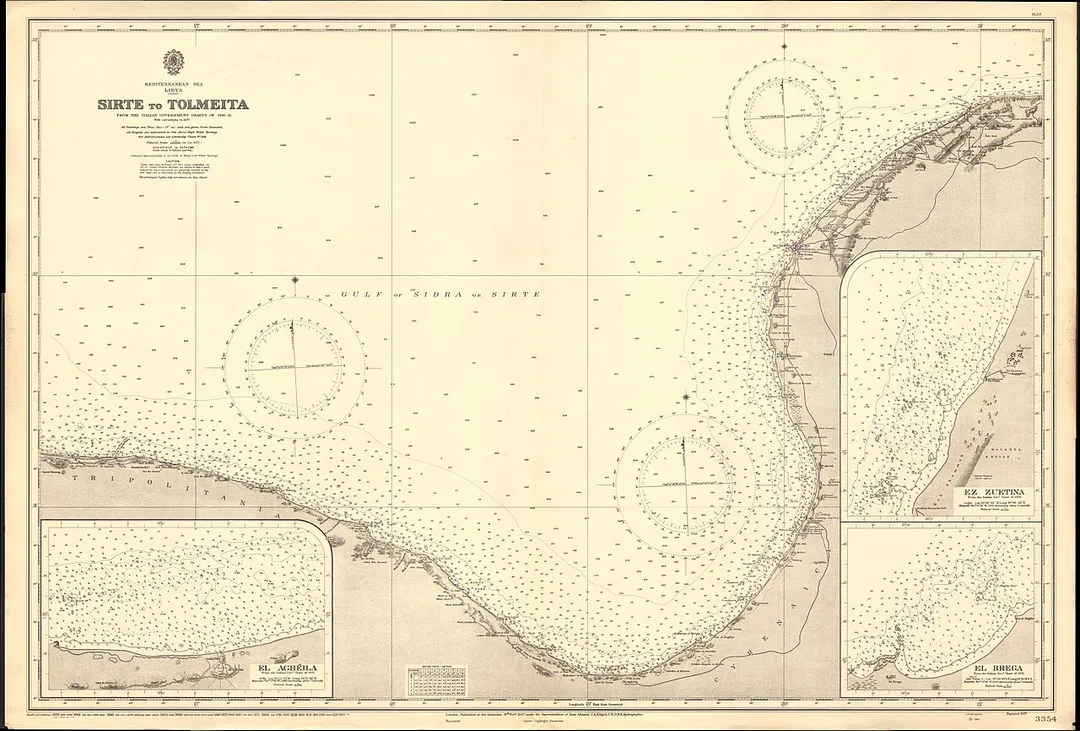 Nautical chart of Sirte to Tolmeita (Tolmeita, Ptolemais). Not current - not to be used for navigation!