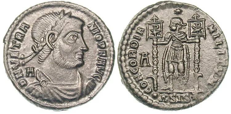 Vetriano (AD 350). AE maiorina (5.40 gm), Siscia mint.
D N VETRA-NIO P F AVG, laureate, draped and cuirassed bust of Vetranio right, A behind
CONCORDIA MILITVM, emperor standing left in military attire, holding two labara, star above his head, A in left field, •ASIS* in exergue.
RIC 281. C. 1. LRBC 1168. RCTV 4041.