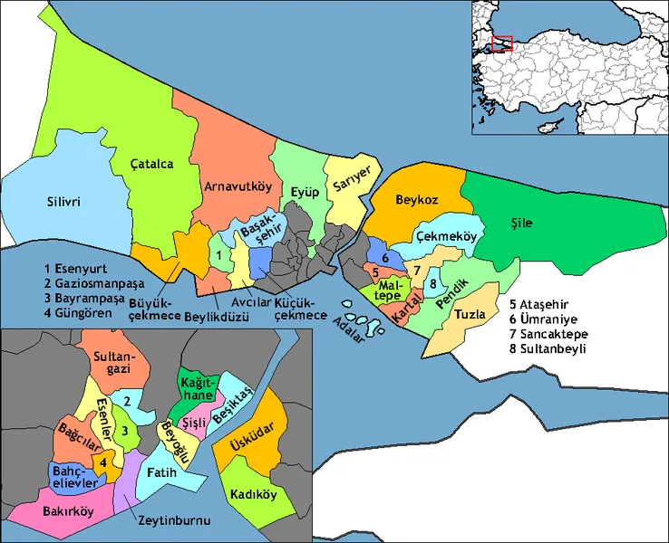 Map of the districts of İstanbul province in Turkey. Created by Rarelibra 20:58, 1 December 2006 (UTC) for public domain use, using MapInfo Professional v8.5 and various mapping resources. Further edited by One Homo Sapiens

Effective 2009, shows new Arnavutköy, Ataşehir, Başakşehir, Beylikdüzü, Çekmeköy, Esenyurt, Sancaktepe, and Sultangazi districts. Elimination of Eminönü district, and boundary adjustments to Avcılar, Büyükçekmece, Çatalca, Esenler, Eyüp, Fatih, Gaziosmanpaşa, Kadıköy, Kartal, Küçükçekmece, Pendik, Silivri, Ümraniye, and Üsküdar districts. Source: İstanbul Büyükşehir Belediyesi [ibb-gov-tr].