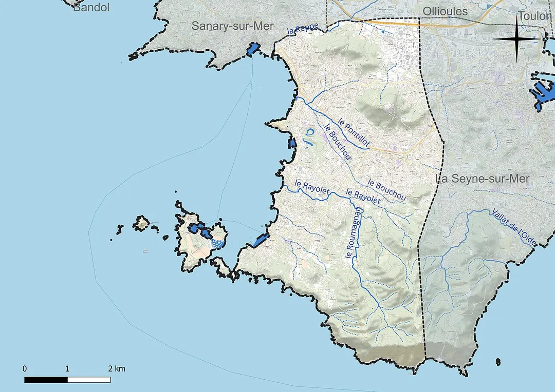 Carte du réseau hydrographique de la commune de fr:Six-Fours-les-Plages (France).