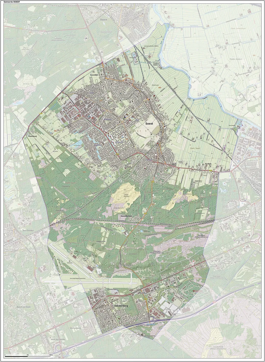 Topografische gemeentekaart. Resolutie: 400 pixels/km.
Kaartbeeld samengesteld uit de open geodata van de Top10NL en Top25namen (Kadaster), Creative Commons-BY licentie. Gebouwvlakken uit open geodata BAG extract. Wegen uit de OpenStreetMap, OpenStreetMap community. Reliëfschaduw uit de Actuele Hoogtekaart AHN2.

Samenstelling en kleurenschema: Jan-Willem van Aalst, met QGIS. Zie ook de Legenda.