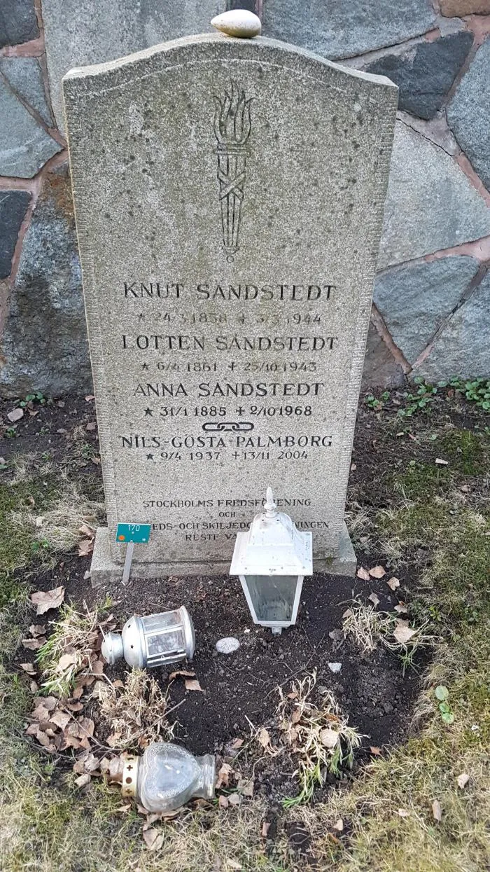 Gravestone of Knut Sandstedt (1858–1944), Swedish peace activist, and family members, at Solna Cemetery (Solna kyrkogård), plot SO 18:170, Solna, Sweden. The stone was erected by the Stockholm Peace Association and the Swedish Peace and Arbitration Society. Also interred: Lotten Sandstedt (1861–1943), Anna Sandstedt (1885–1968), and Nils-Gösta Palmborg (1937–2004).
